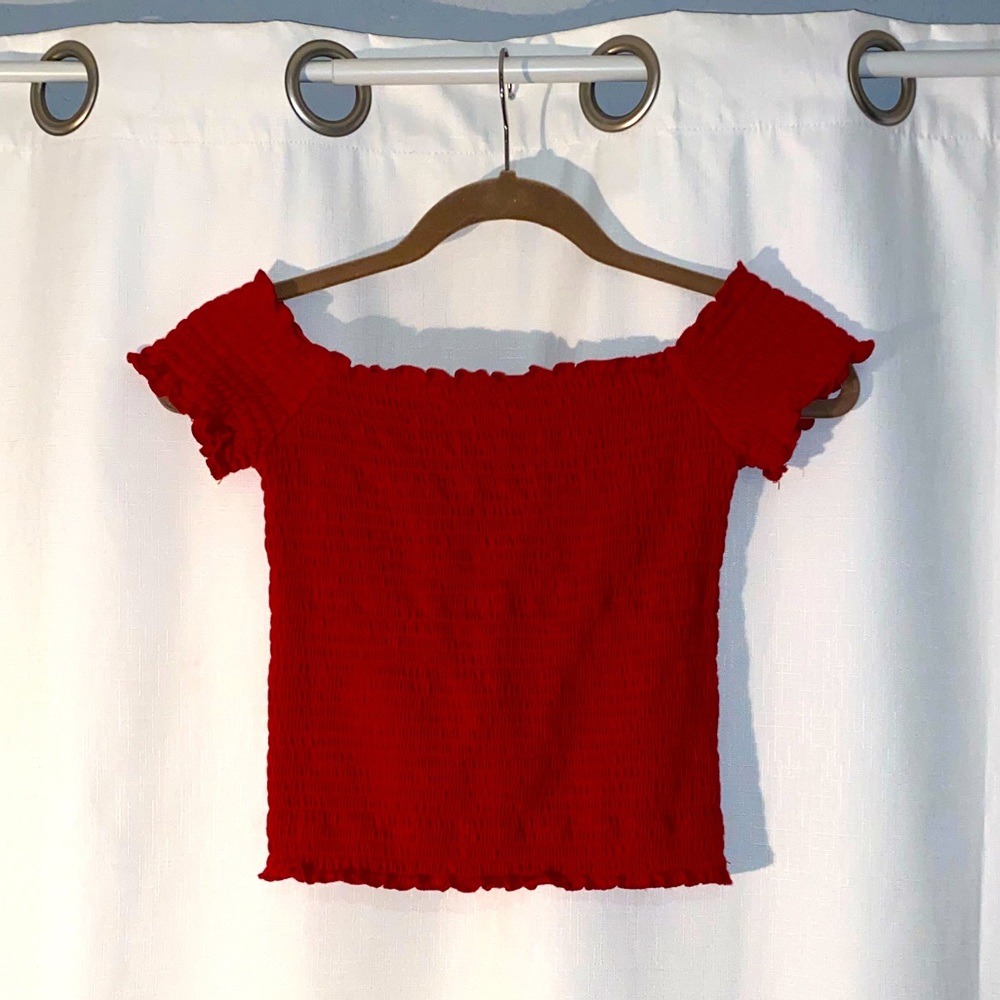 Red smocked off shoulder tube top